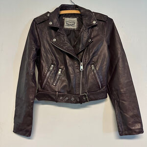 Women's Levi's brown Burgundy Faux Leather Moto Jacket size XS Biker Zip pockets
